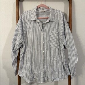 LOFT Blue and White Striped Linen Button Down Shirt